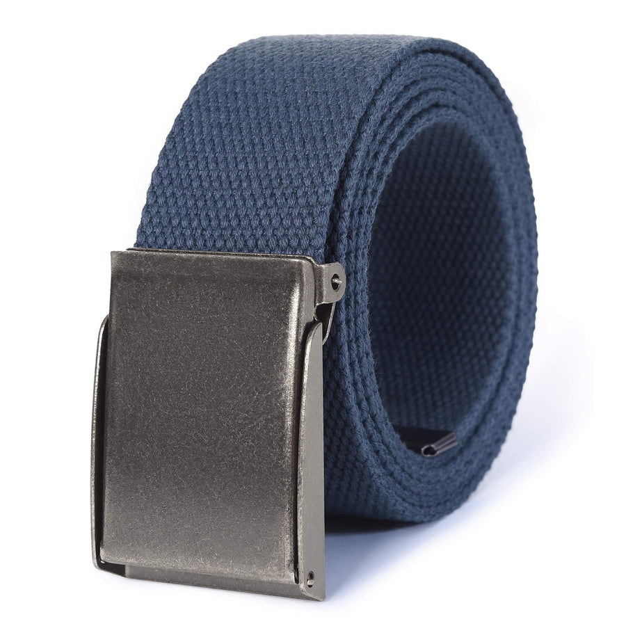 Canvas Web Belt | Cut to Fit Up to 52 | Flip-Top Matte Silver Nickel Buckle (Navy)