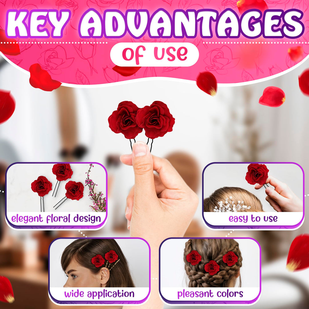 Buorsa 6Pack Elegant Red Rose Bridal Hair Clips Wedding Women and Girls Hair Accessories Bridesmaids Headpiece