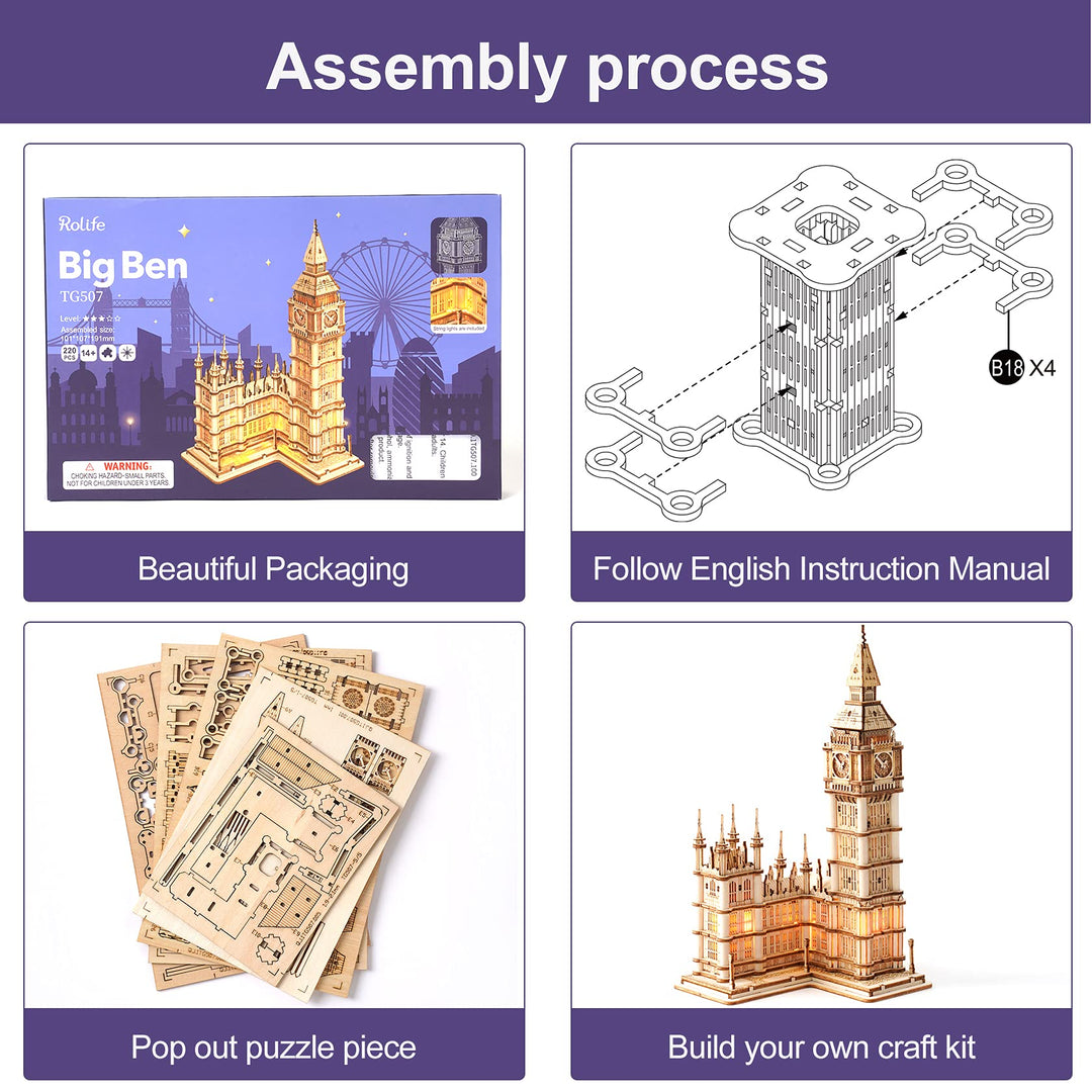 3D Wooden Puzzles for Adults Kids Big Ben -220 Pieces 3D Puzzle Wood London Architecture Model Craft Kits Birthday Gift for Teens/Adults Desk Decor