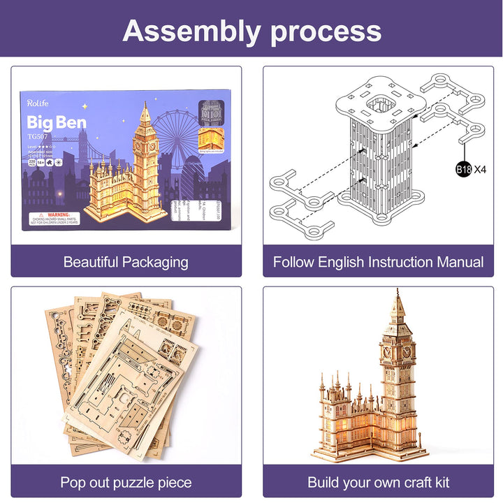 3D Wooden Puzzles for Adults Kids Big Ben -220 Pieces 3D Puzzle Wood London Architecture Model Craft Kits Birthday Gift for Teens/Adults Desk Decor