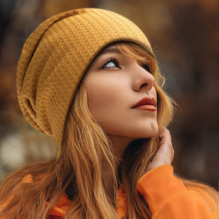 Beanie for Men Skull Cap Cotton Knit Slouchy Beanie Hat for Women Unisex Baggy Lightweight Hip-Hop Beanie Turmeric One Size