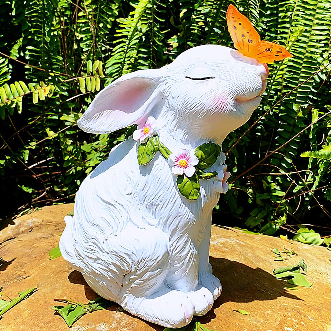 iRonrain Solar Garden Statues Rabbits with Butterfly Decoration Lights Sculpture, Solar Powered Outdoor Art Décor Bunny Figurine Ornament Resin Lights for Patio Lawn Front Yard (White)