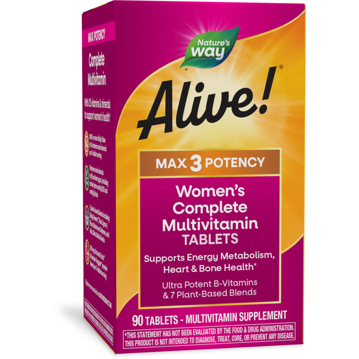 Nature&#39;s Way Alive! Max3 Potency Women&#39;s Complete Multivitamin, Supports Energy Metabolism, Heart &amp; Bone Health*, with B-Vitamins Including Methylated B12 and Folate, 90 Tablets (Packaging May Vary)