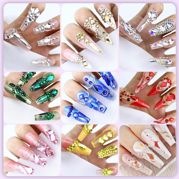 Flatback Glass Crystal Rhinestones for Nails, Multi 3D Shapes Crystals Nail Art Rhinestone Set (Light Pink)