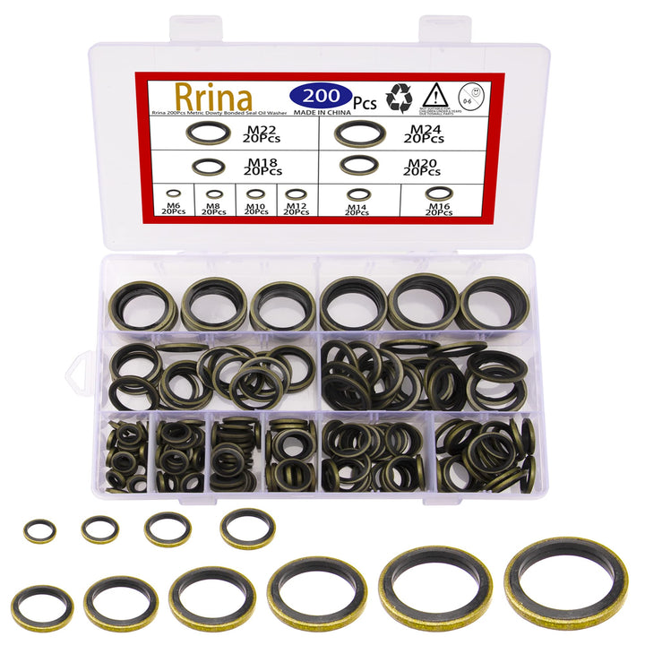 Rrina 200Pcs Metric Dowty Bonded Seal Oil Washer Assort
