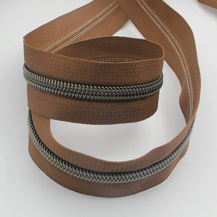 #5 Antique Brass Metallic Nylon Coil Zippers by The Yard Bulk 10 Yards (Brown Tape with 25pcs Brass Sliders for DIY Sewing Tailor Craft Bag(Brown)