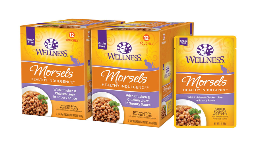 Healthy Indulgence Morsels No Grain Wet Cat Food, Made with Natural Ingredients,Proteins, Complete and Balanced Meal, 3 Oz Pouches (Chicken & Liver, 24 Pack)