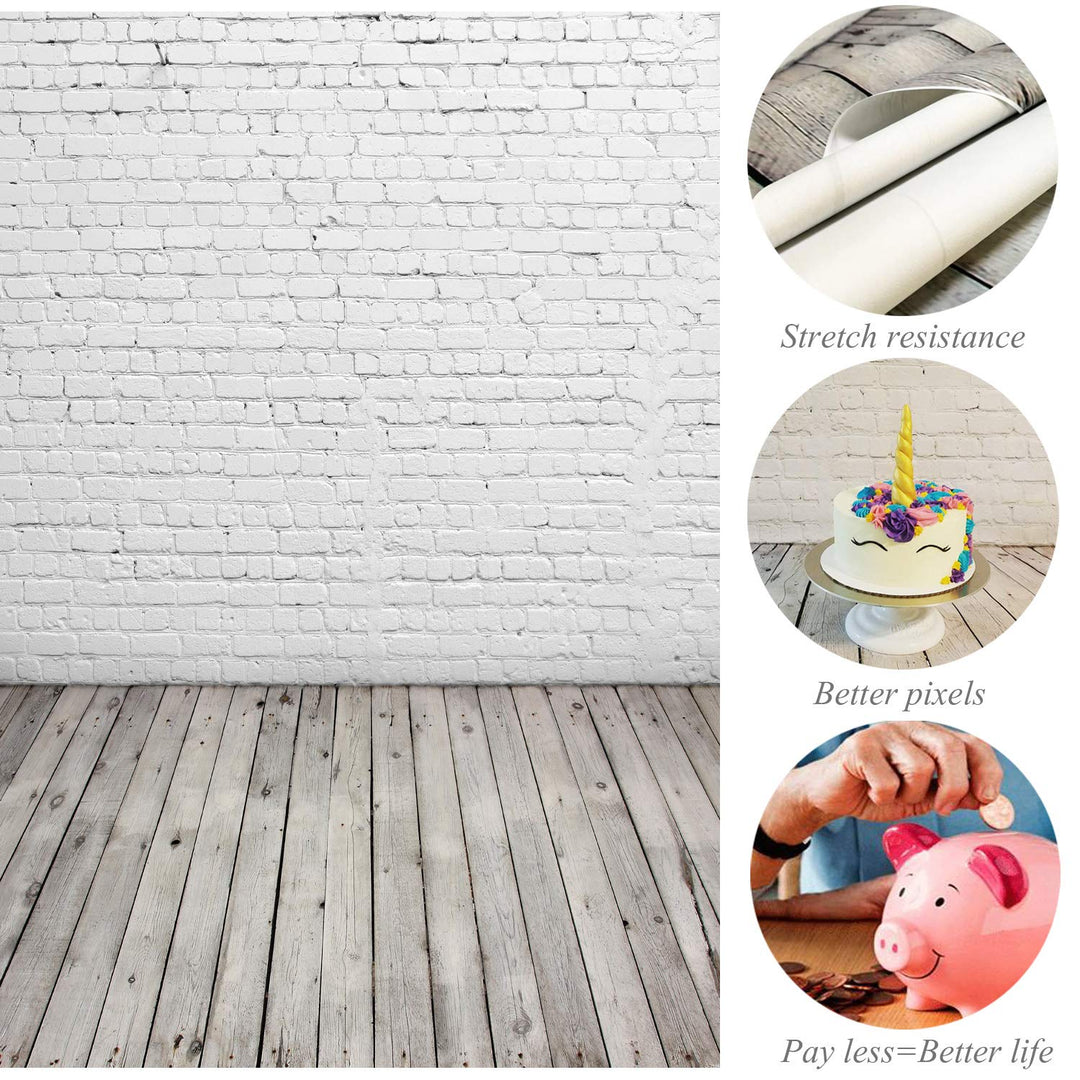 5X7ft White Brick Wall with Gray Wooden Floor Photography Vinyl Backdrop D-2504