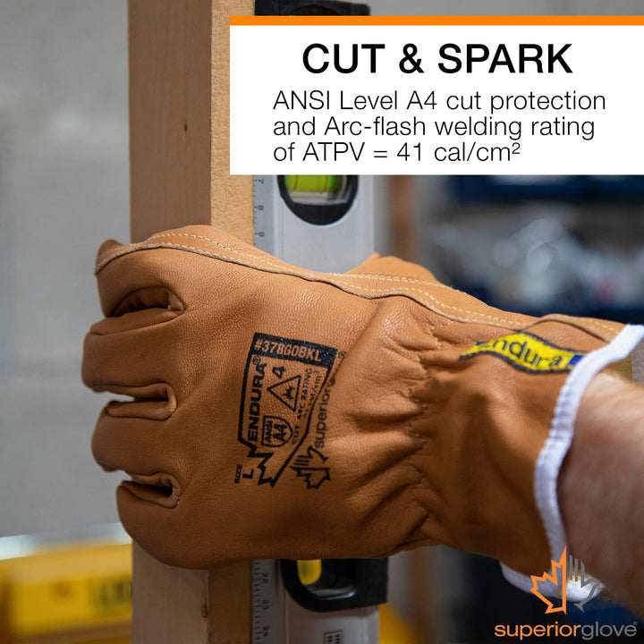 Goat Grain Leather Work Arc Flash Gloves with ParaActiv Cut Resistant Protection - Endura Safety Gloves Water Resistant 378GOBKL (1 Pair) Size Large