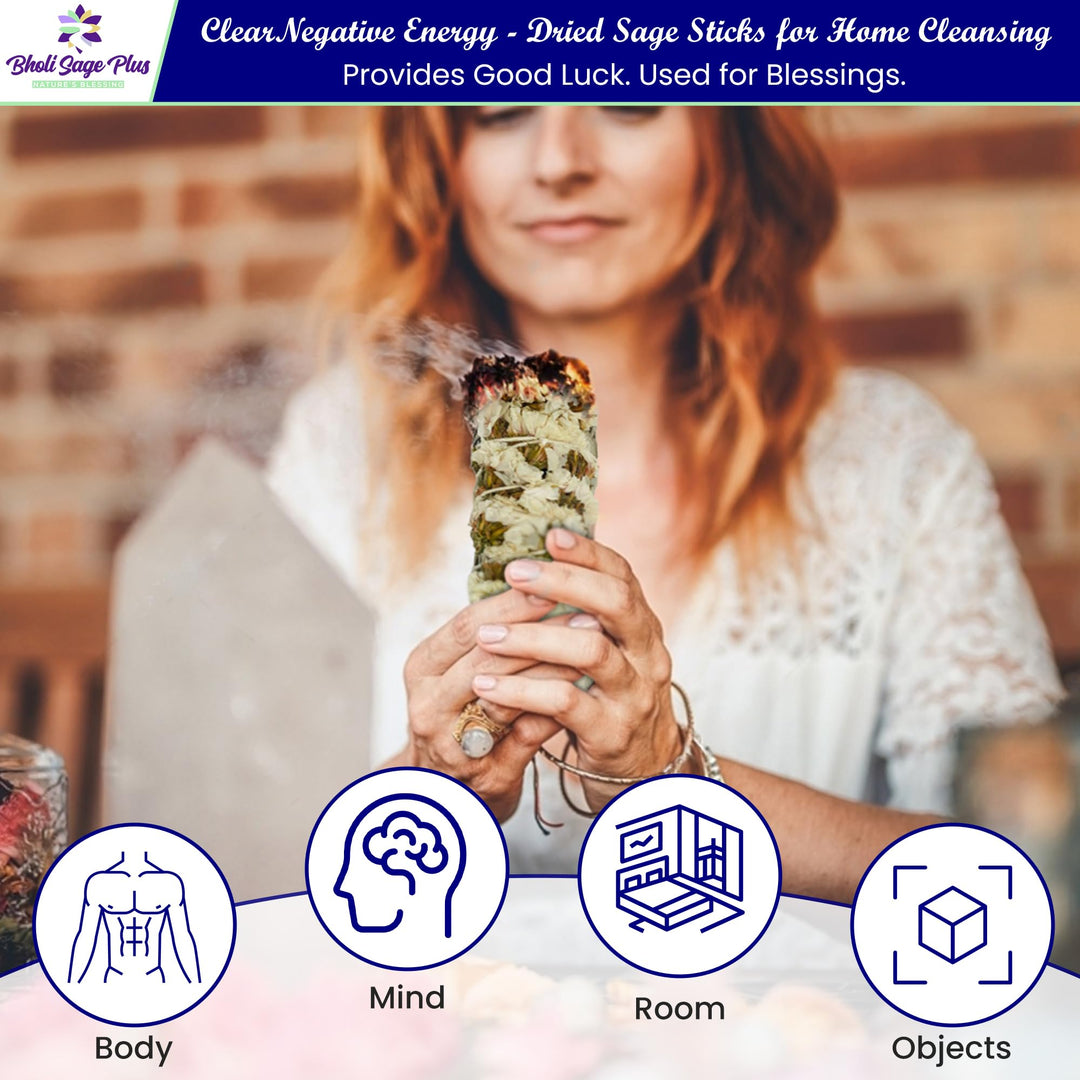 Bholi Sage Plus Sage Smudge Kit for Cleansing Negative Energy and Cleansing Home Sinuata, Dragon Blood, Cinnamon and Triple Flower Dried - 4&#39;&#39; Long Pack of 4 White California Sage Sticks