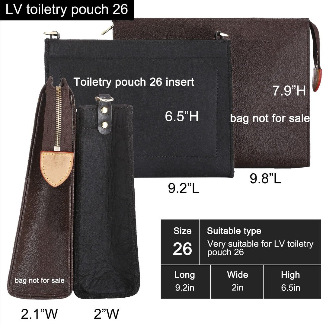 Purse Insert Organizer Bag Compatible with Toiletry Pouch 26 Handbag Shaper with Golden D Ring,Bag In Bag Fit Purse lv Pouch 26 Khaki (Large-26, Black-Premium Felt)