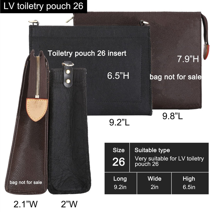 Purse Insert Organizer Bag Compatible with Toiletry Pouch 26 Handbag Shaper with Golden D Ring,Bag In Bag Fit Purse lv Pouch 26 Khaki (Large-26, Black-Premium Felt)