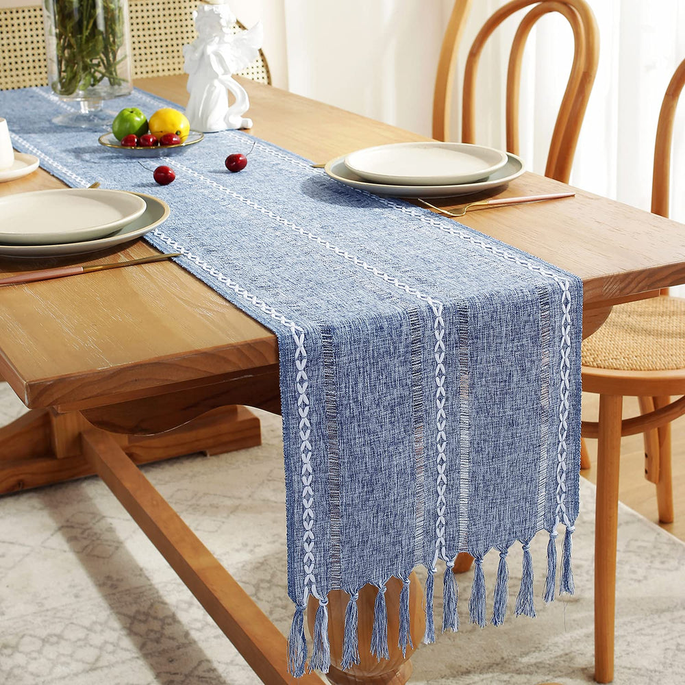 Rustic Farmhouse Style Linen Table Runner, Boho Handmade Tassel Hemstitched Embroidered Table Runners 90 Inches Long for Holiday Party, Dresser and Dining Decorations, 13 x 90 inch - Blue