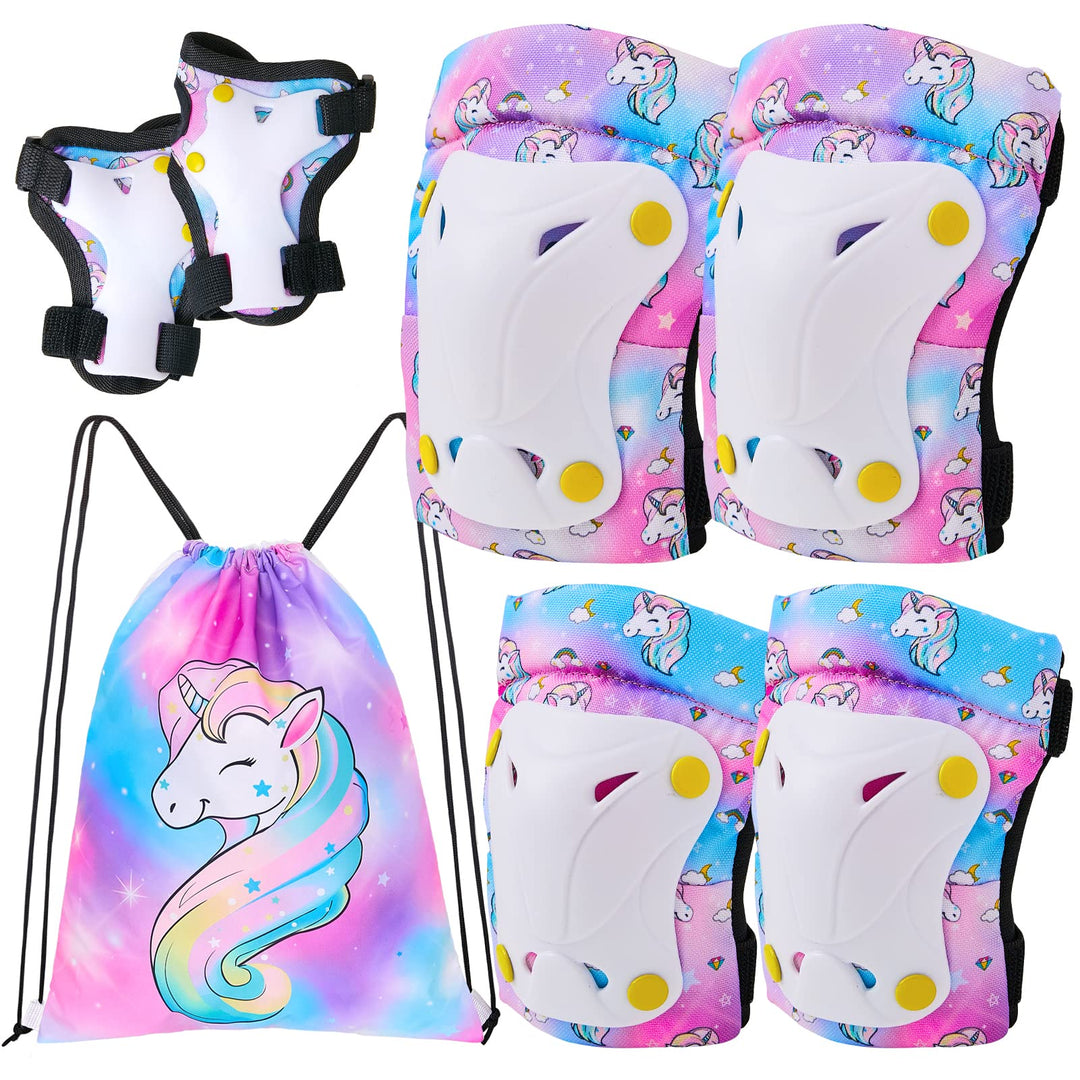 Knee Pads for Kids Unicorn Knee Elbow Pads Wrist Guards with Drawstring Bag Adjustable Protective Gear Set for Girls Boys Inline Skating Bike Cycling Skateboard Scooter, 3-8 Years, Colorful