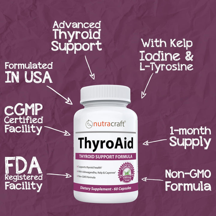 ThyroAid #1 Thyroid Support Supplement | Natural Herbal Thyroid Formula with Iodine (Kelp), Ashwagandha, L-Tyrosine &amp; More | Support Thyroid Health &amp; Energy Levels | 60 Capsules