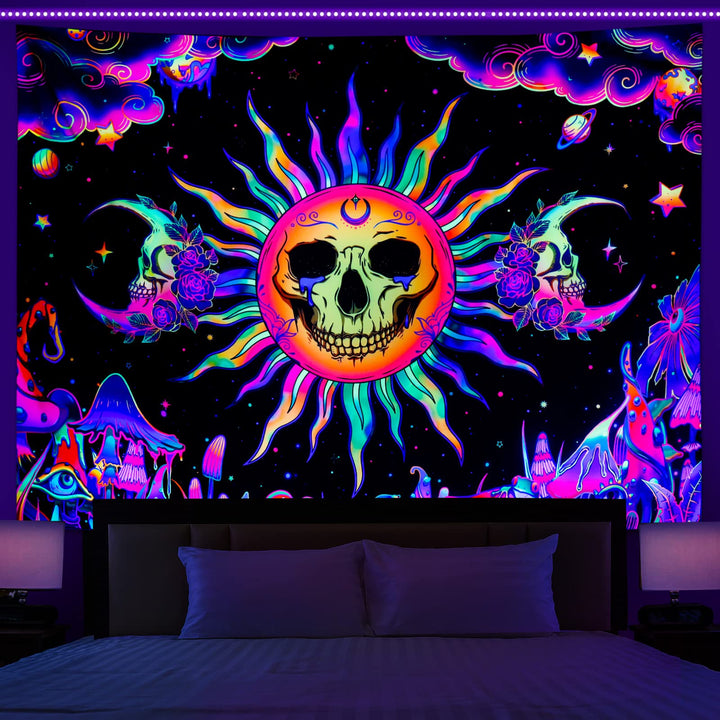 Blacklight Sun and Moon Tapestry UV Reactive Burning Sun Skull Mushroom Tapestry Neon Galaxy Poster Tapestry Art for Home Dorm Decor W59.1 × H51.2