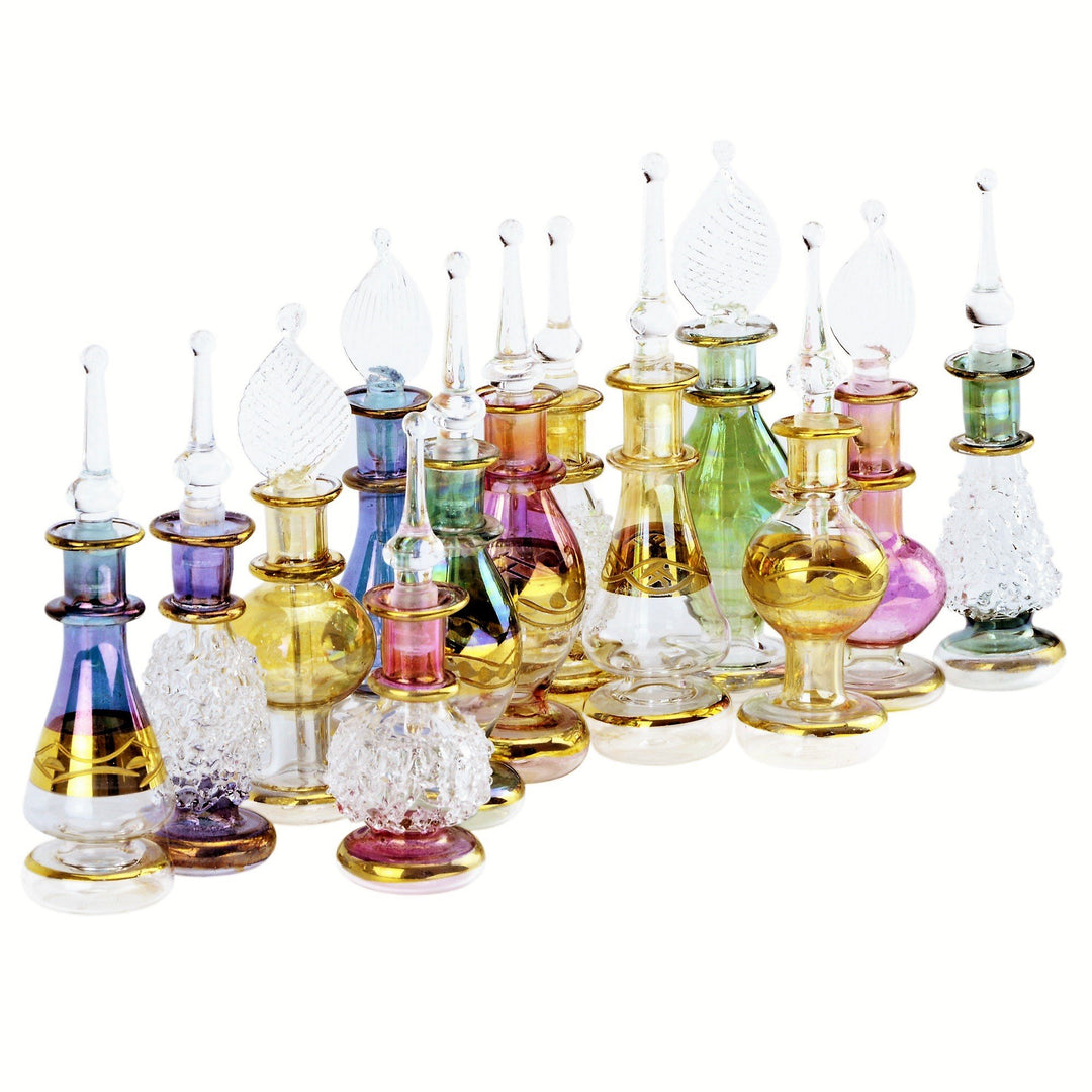 Egyptian Perfume Bottles Wholesale Set Of 12 Size 2” (5 cm) mouth-blown with handmade golden Egyptian decoration for Perfumes and Essential Oils