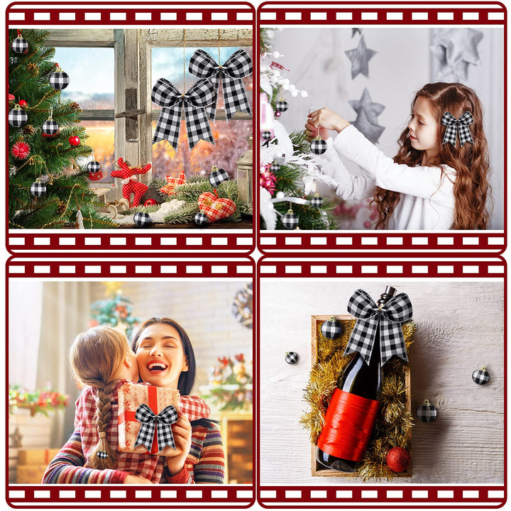 Chuangdi 36 Pcs Christmas Buffalo Plaid Ball Ornament Fabric Wrapped Ball 12 Pcs Buffalo Plaid Bow Xmas Tree Hanging Decor Holiday Farmhouse Party Supplies (Black and White Plaid, 5.9 Inch and 1 Inch)