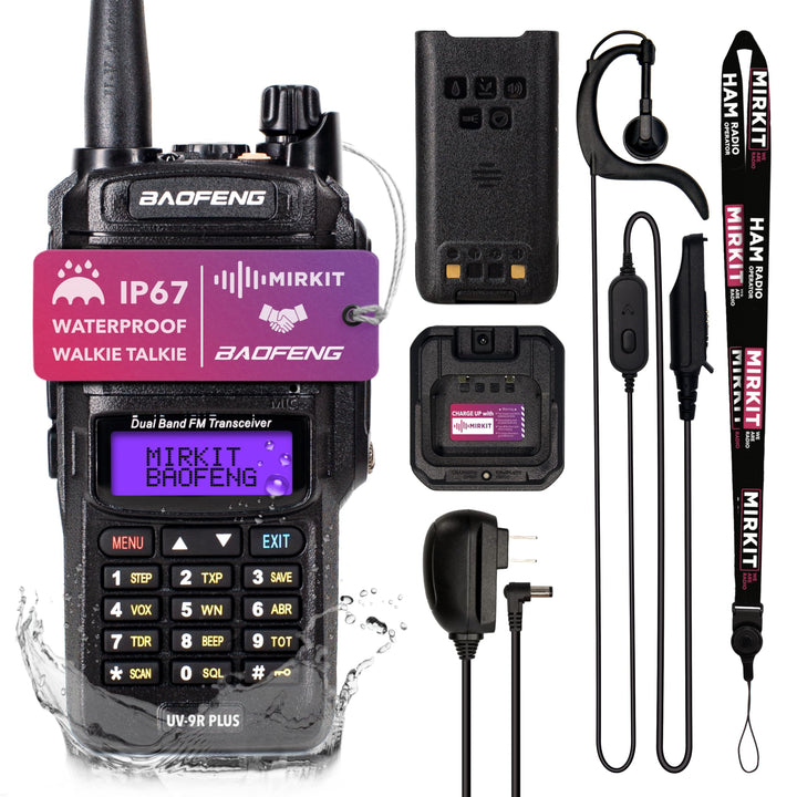 Mirkit Waterproof Baofeng Radio UV-9R Plus MK1 (UV-82 3rd Gen) 8 W VHF/UHF 144-148/420-450MHz Walkie Talkie with 2200mAh Battery &amp; Programming Cable. IP67 Handheld Radio: Dust, Cold, Waterproof