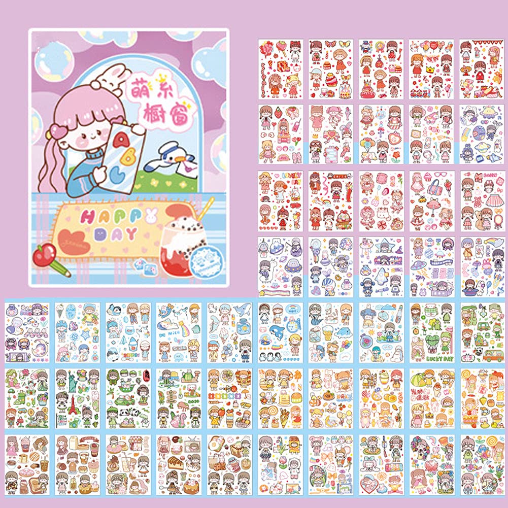 Kawaii Washi Stickers Set (50 Sheets) Cute Girl Happy Day Birthday Party Universe Marine Life Afternoon Tea Sticker for Scrapbooking Journaling Water Bottle Diary Planner Album