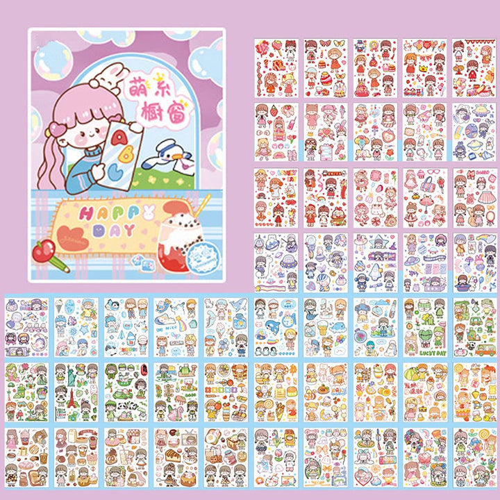 Kawaii Washi Stickers Set (50 Sheets) Cute Girl Happy Day Birthday Party Universe Marine Life Afternoon Tea Sticker for Scrapbooking Journaling Water Bottle Diary Planner Album