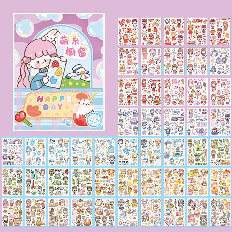 Kawaii Washi Stickers Set (50 Sheets) Cute Girl Happy Day Birthday Party Universe Marine Life Afternoon Tea Sticker for Scrapbooking Journaling Water Bottle Diary Planner Album