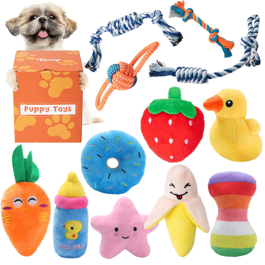 12 Pack Puppy Teething Toys for Small Dogs - Plush Squeaky &amp; Rope Chew Set Bundle, Safe Durable and Non-Toxic for Interactive Play and Dental Health