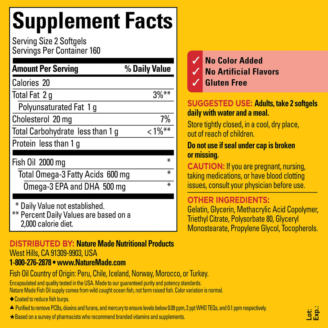 Burp Less Fish Oil 1000 mg Softgels, Fish Oil Supplements, Omega 3 Fish Oil for Healthy Heart Support, Omega 3 Supplement with 320 Softgels, 160 Day Supply