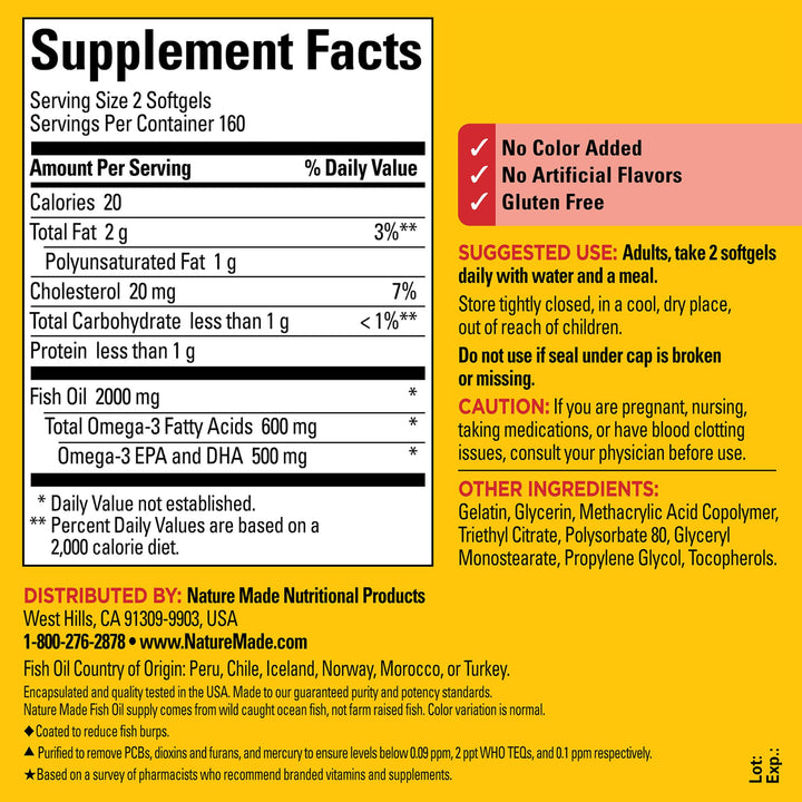Burp Less Fish Oil 1000 mg Softgels, Fish Oil Supplements, Omega 3 Fish Oil for Healthy Heart Support, Omega 3 Supplement with 320 Softgels, 160 Day Supply