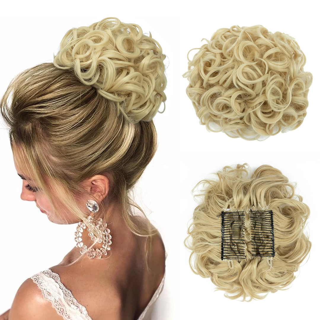 Messy Bun Hair Piece with Combs Clip in Bun Scrunchie Juva Bun Dish Fluffy Wavy Hair Updo Easy Stretch Big Chignon Short Ponytail Hairpiece for Women Bleach Blonde 90g