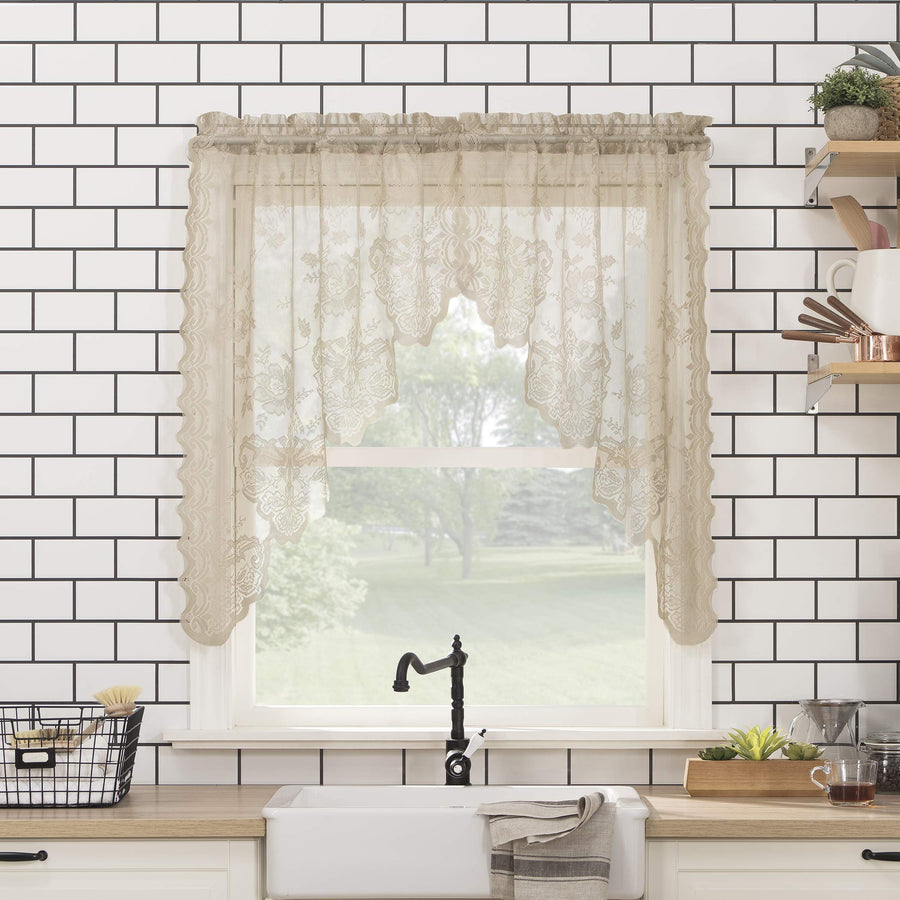Alison-Tr Floral Lace Sheer Rod Pocket Kitchen Curtain Swag Pair, 58 x 38, Stone