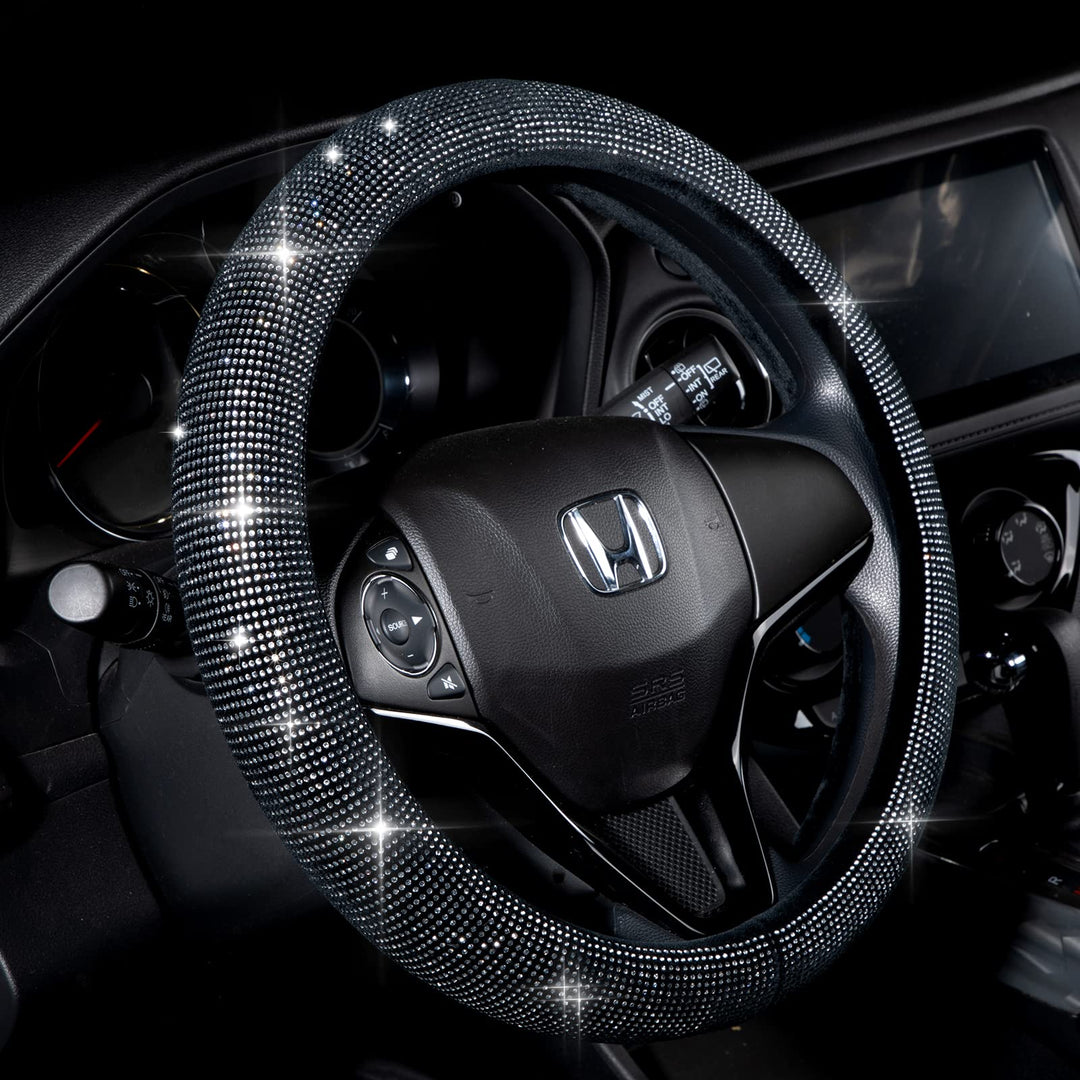 Steering Wheel Cover for Women Men Bling Bling Crystal Diamond Sparkling Car SUV Wheel Protector Universal Fit 15 Inch (Black with White Diamond,Standard Size(14 1/2-15 1/4))