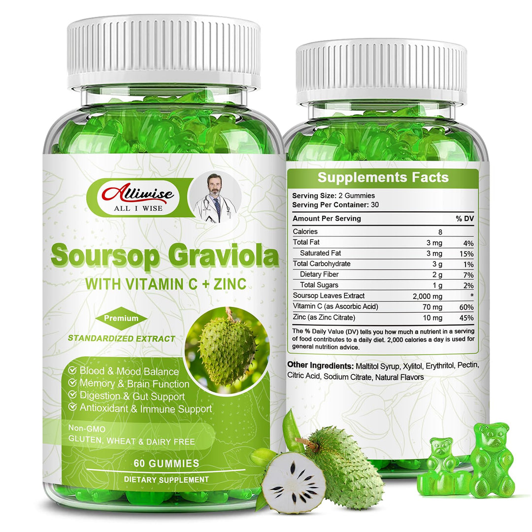 2 Pack Soursop Graviola Gummies Supplement, Original Soursop Leaves Extract with Vitamins C &amp; Zinc for Women &amp; Men, Multivitamin Soursop Fruit Supplement for Immunity &amp; Antioxidant &amp; Energy