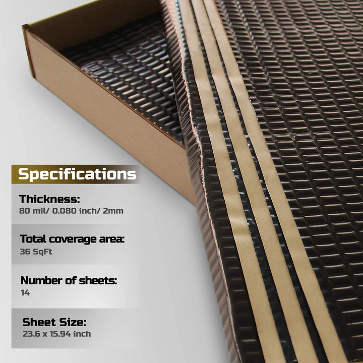 Black 80 mil (2mm) 36 sqft Car Sound Deadening mat - Butyl Automotive Sound Deadener - Noise Insulation and Vibration Dampening Material (36 sqft)