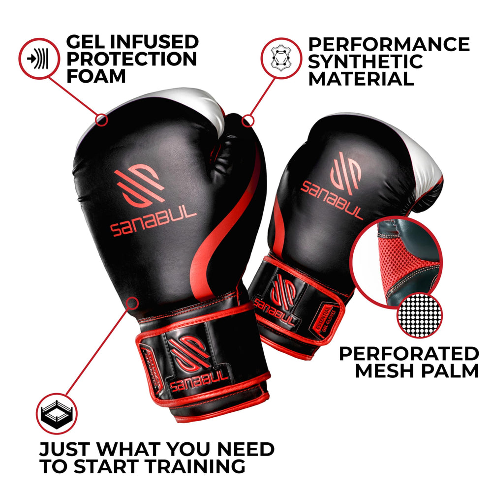 Essential Gel Boxing Gloves Kickboxing Gloves for Men & Women Boxing Training & Sparring Gloves Muay Thai and Heavy Bag Training - Black/Red, 10 oz