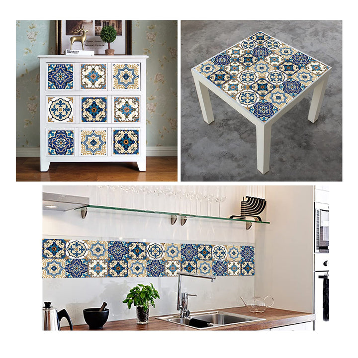 Kakofaci Bohemian Style 12 Pcs (6x6 in) Decorative Tile Stickers,Peel and Stick Wallcovering Self-Adhesive Waterproof Vinyl Tile Stickers for Kitchen Living Room Floor(Blue)