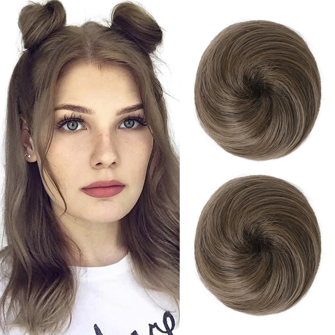 2 PCS Mini Claw Clip in Messy &amp; Cat Ears Hair Bun Extensions HB001 Wig Accessory Updo Hairpieces for Women Girls (Pack of 2-3 Straight, Ash Light Brown)