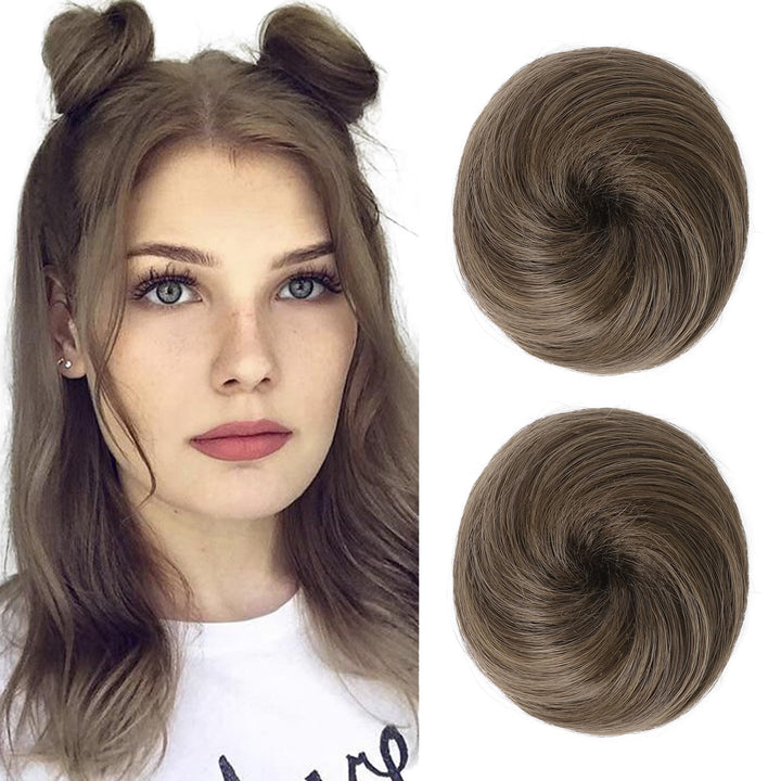 2 PCS Mini Claw Clip in Messy &amp; Cat Ears Hair Bun Extensions HB001 Wig Accessory Updo Hairpieces for Women Girls (Pack of 2-3 Straight, Ash Light Brown)