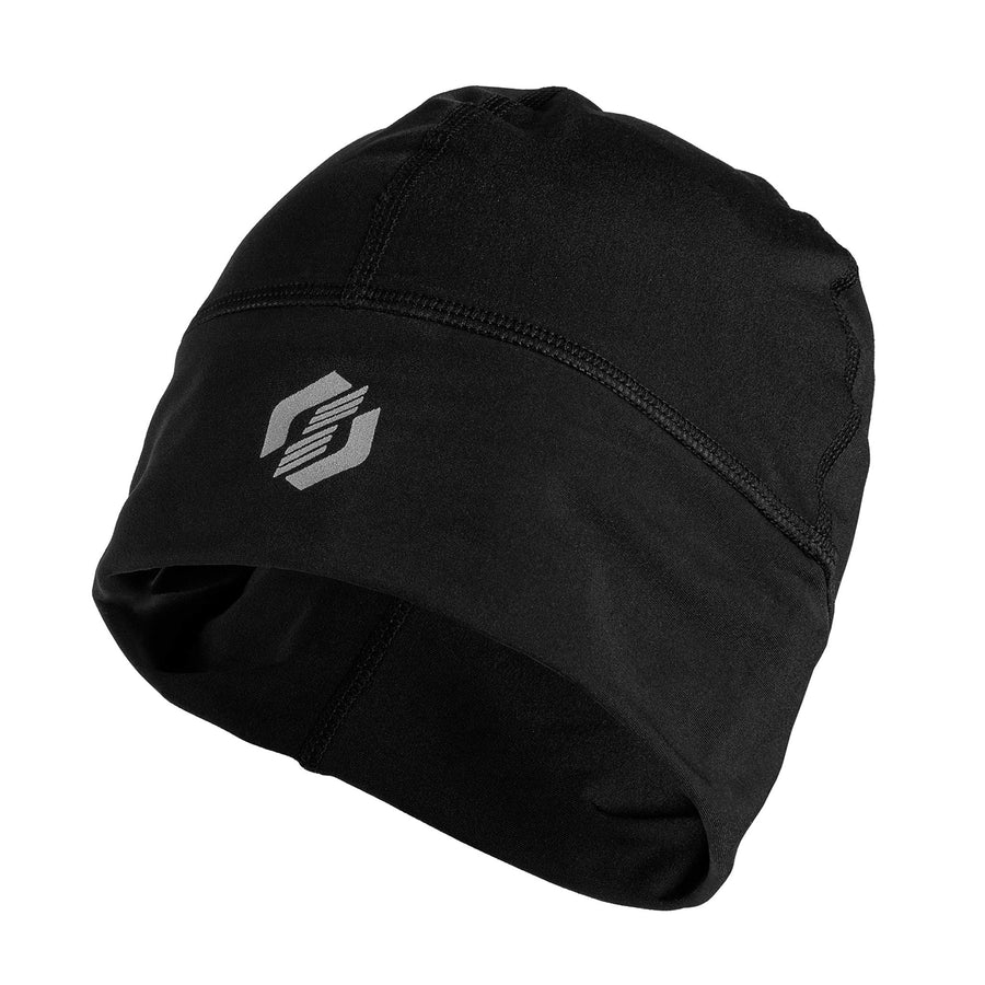Runners Hats for Men Women, Thin Winter Helmet Liner, Moisture Wicking Cycling Skull Cap Under Helmet, Sports Performance & Workout Beanie, Reflective Running Hat for Cold Weather (Jet Black)