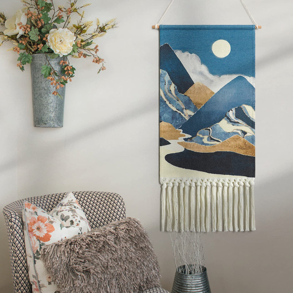 Macrame Woven Wall Hanging Tapestry Boho Wall Art Moon Mountain Chic Home Decor Bohemian Aztec Apartment Dorm Room Backdrop Decoration (Blue)