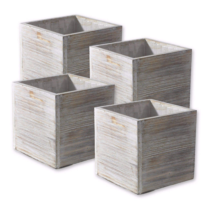 Wood Planter Box Set, Rustic Whitewash, Plastic Liners,