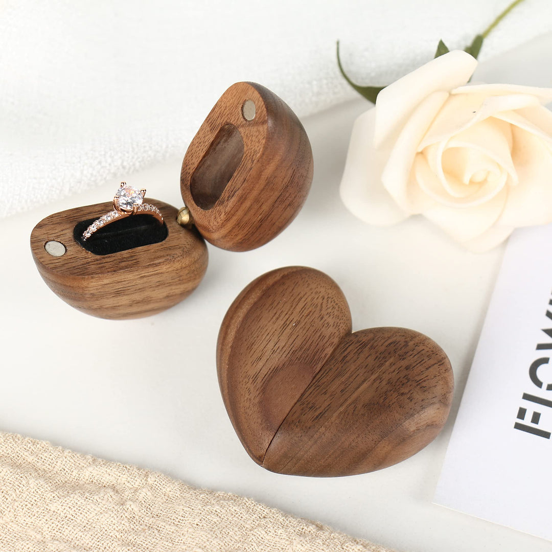 Wooden Ring Box Heart Shaped Ring Box for Wedding,Proposal,Engagement Ring Box,Wood Ring Case Wood Ring Holder Gift (True Love Eternal Black Walnut)