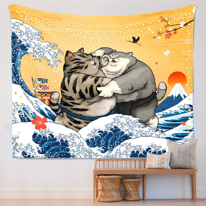 Japanese Cat Tapestry Sunset Wave Tapestry Mount Fuji Nature Tapestry, for Great Wave Tapestry for Bedroom Living Room Dorm (Yellow, 50x60 Inches)