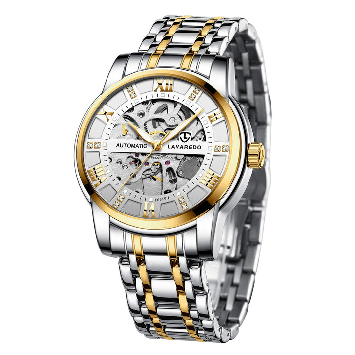 Mens Watch Skeleton Luxury Mechanical Stainless Steel Waterproof Black Automatic Self-Winding Roman Numerals Diamond Dial Wrist Watch