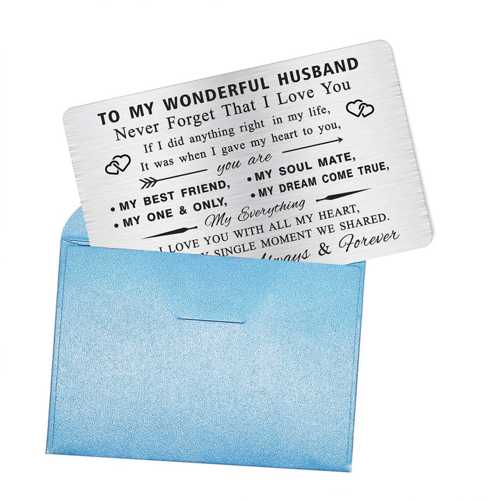 Romantic Men Birthday Cards for Him Husband, Metal Engraved Wallet Card