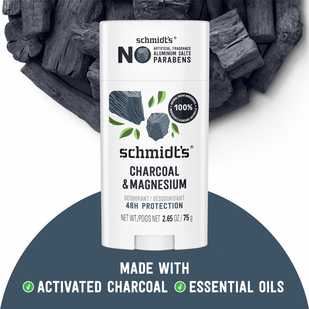 Schmidt&#39;s Aluminum-Free Vegan Deodorant Charcoal &amp; Magnesium with 48 Hour Odor Protection, for Women and Men, Natural Ingredients, Cruelty-Free, 2.65 oz