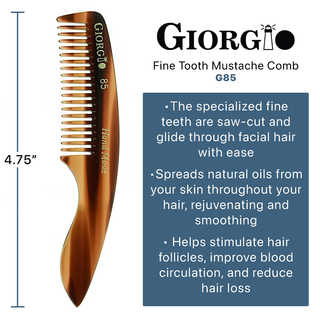 Giorgio G85 4 ¾ in 120mm, Small Men’s Fine Tooth pocket Beard &amp; Mustache Comb for Facial hair Grooming. Hand-Made of Cellulose, saw-cut. Perfect man moustache comb. (Tortoise)