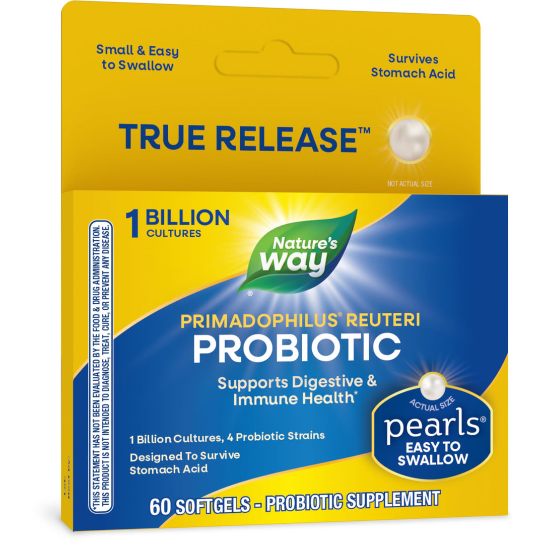 Nature&#39;s Way Primadophilus Reuteri Probiotic Pearls for Men and Women, Digestive and Immune Health*, 1 Billion Culture, 4 Probiotic Strains, Survives Stomach Acid, 60 Softgels (Packaging May Vary)