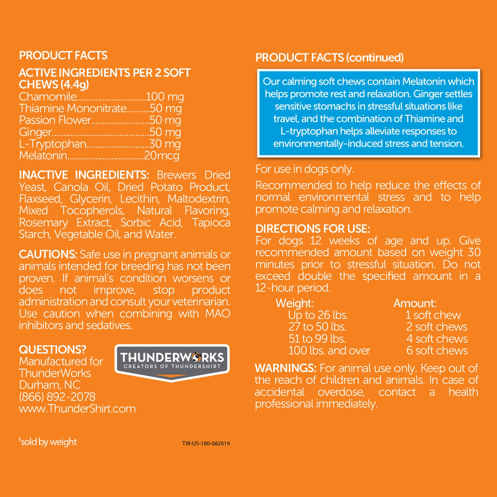 Dog Calming Chews | Thiamine, L-Tryptophan, Melatonin and Ginger | Can Help Relieve Stress from Separation, Storms, Fireworks & Travel (180 Count)