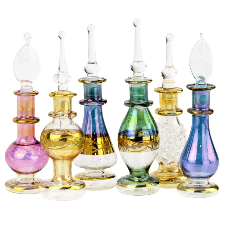 Egyptian Perfume Bottles Wholesale Set Of 12 Size 2” (5 cm) mouth-blown with handmade golden Egyptian decoration for Perfumes and Essential Oils